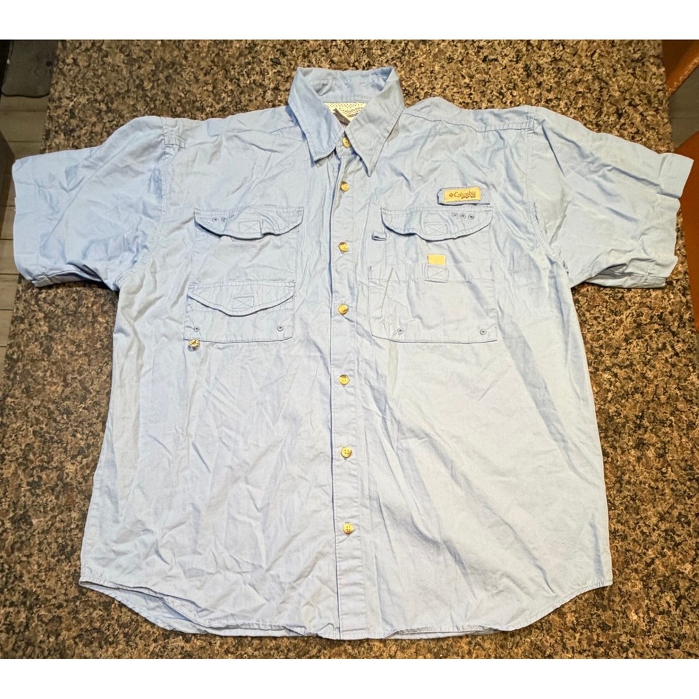 Columbia PFG Bahama II Fishing Shirt Mens Medium Blue Short‎ Sleeve Nylon Vent